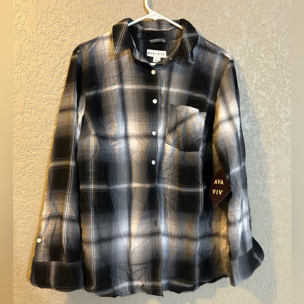 Ava & Viv - Black and Grey Plaid Rayon Button-Down Long Sleeve Top - X